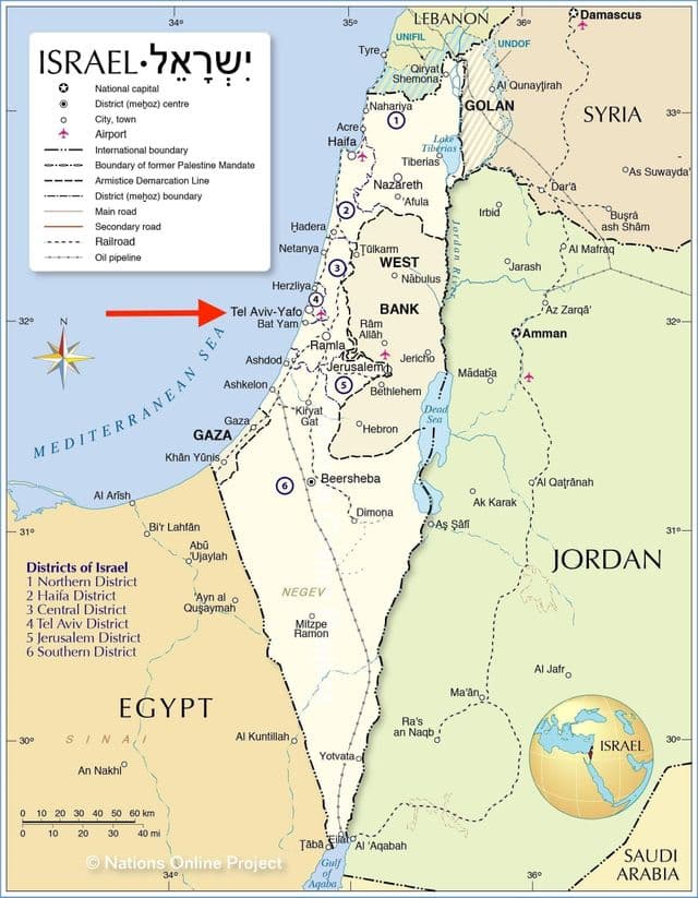 イスラエルの地図上のテルアビブ