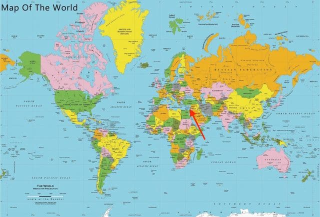 世界地図上でのテルアビブの位置