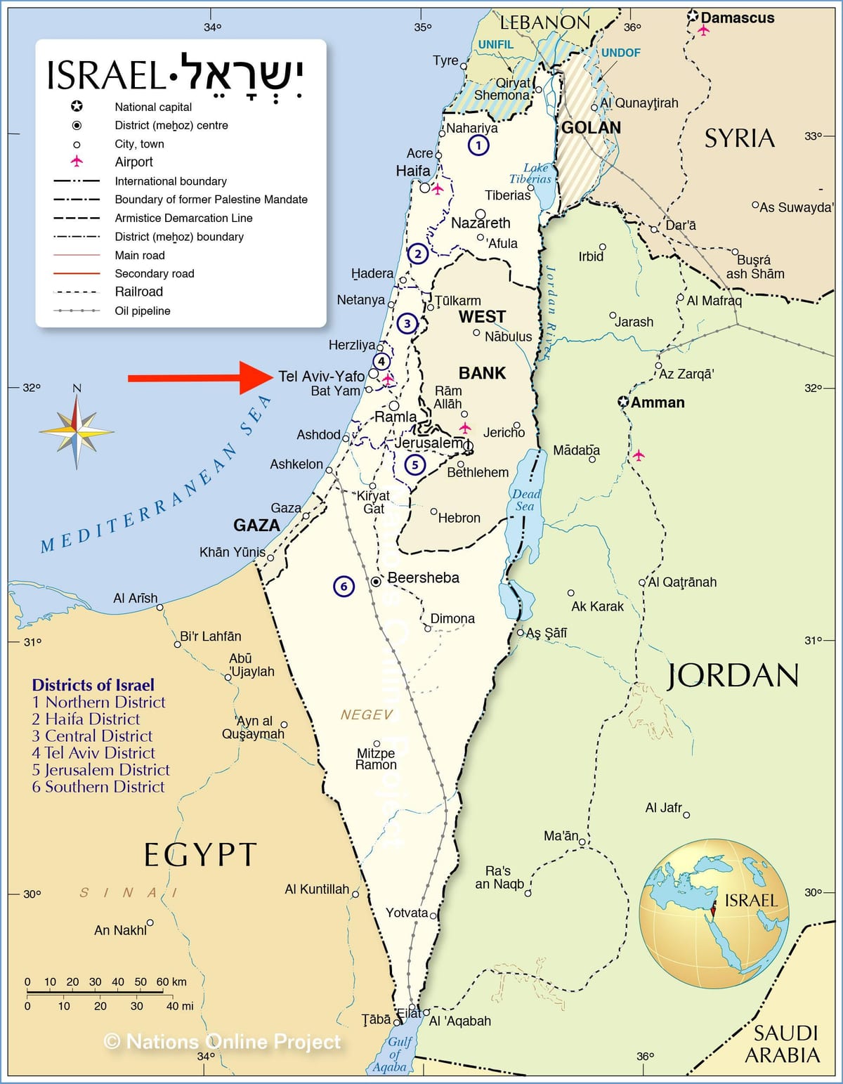 イスラエルの地図上のテルアビブ