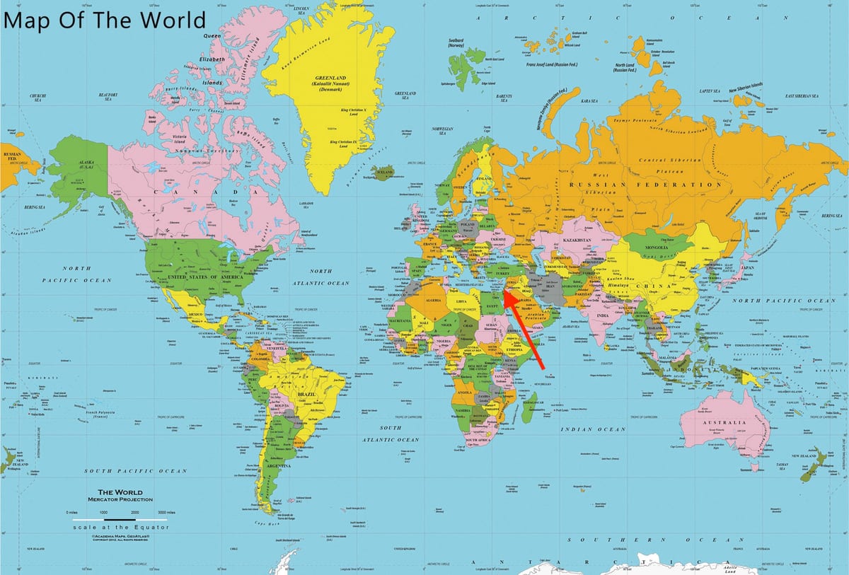 世界地図上でのテルアビブの位置